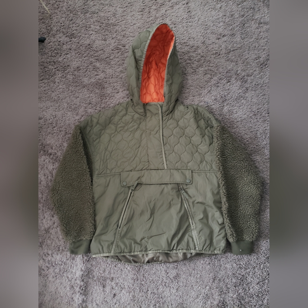 Zara Quilted Olive Green Hooded Pullover with Sherpa Sleeves